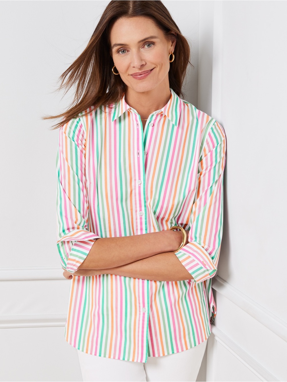Talbots Cotton Button Front Shirt Cotton Spring Fling Stripe Women’s Size S NWT